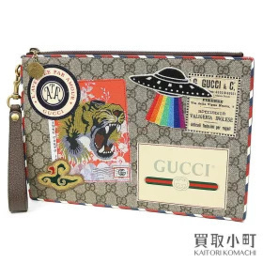 Gucci Courier GG Supreme Clutch Bag Embroidered Applique Tiger Patch Beige